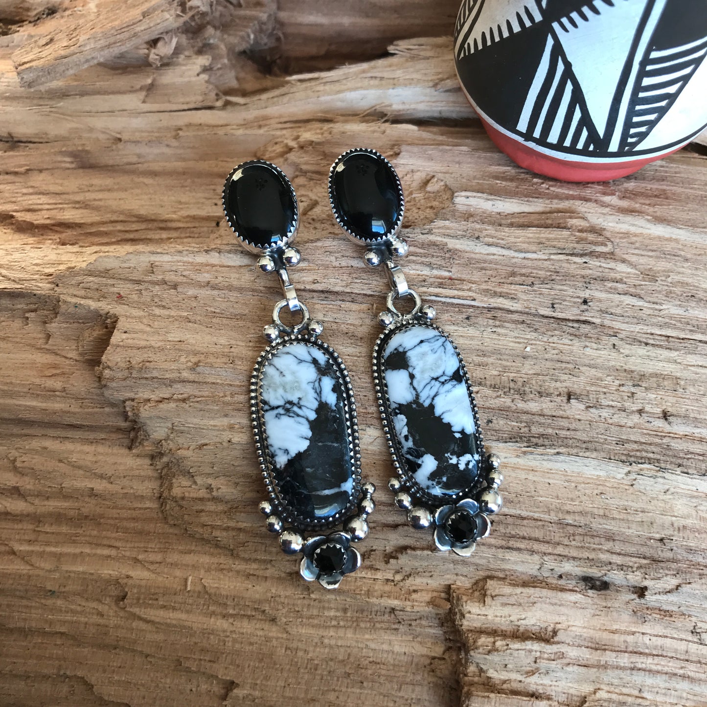 White Buffalo and Black Onyx Earrings~ Sterling Silver~ Artisan Handmade