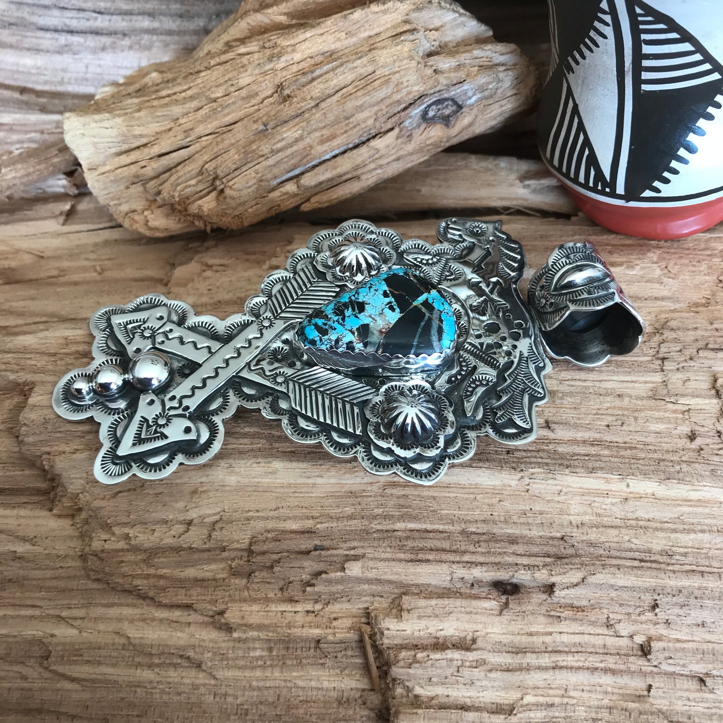 SPIRIT PONY CROSSED ARROWS pendant with Blue Moon Turquoise~ Sterling Silver~ Huge pendant~ Artisan Handmade