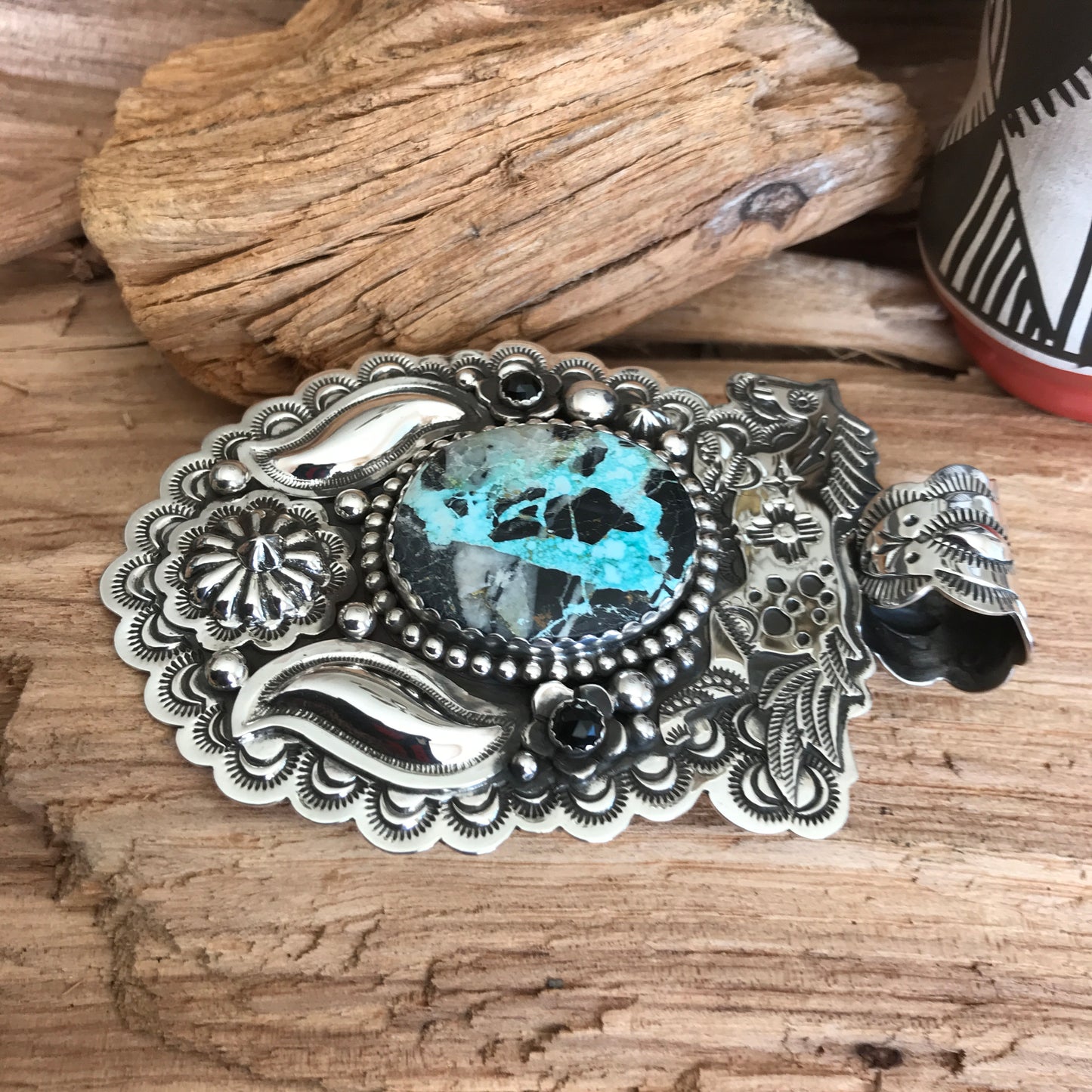 SPIRIT PONY Repousse pendant with Blue Moon Turquoise~ Sterling Silver~ Huge pendant~ Artisan Handmade