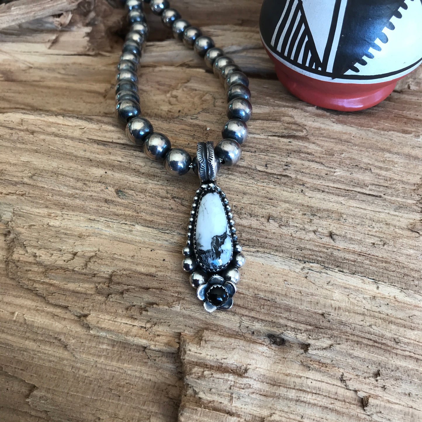 White Buffalo Turquoise pendant with a Black Onyx Wildflower~ Sterling Silver~ Artisan Handmade ~ 1074