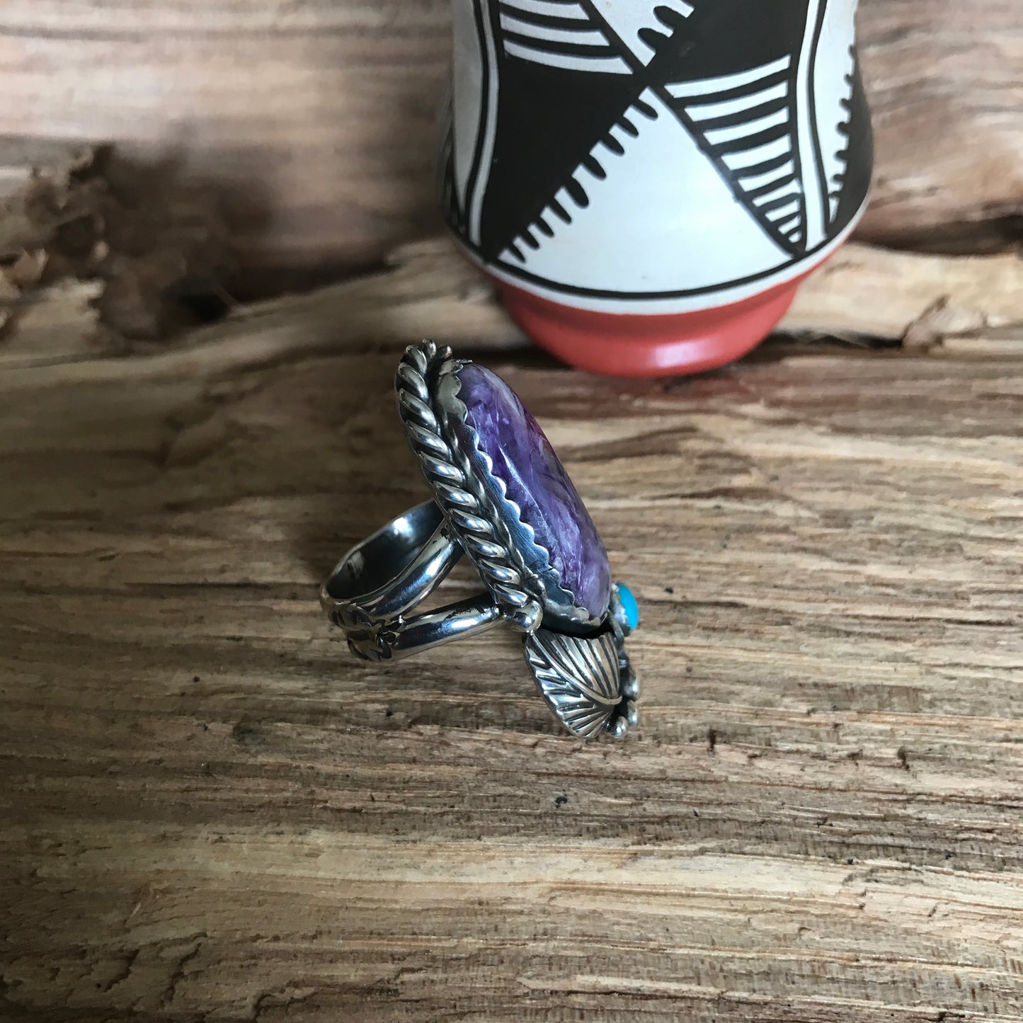 Charoite and Sleeping Beauty Turquoise Ring~Sterling Silver~ Artisan Handmade~ Size 6