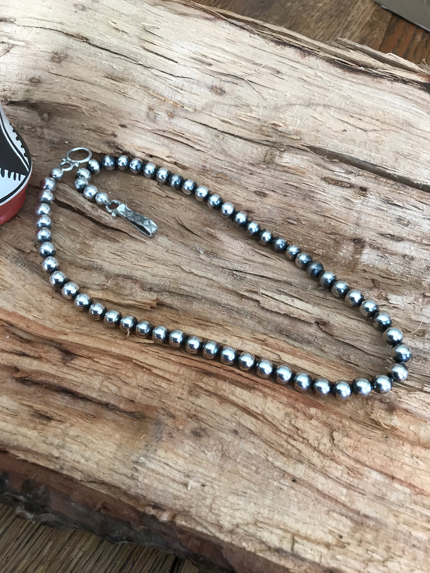 Navajo Pearls 18 1/2 inch~ Sterling Silver~ 7mm beads~ Soldered Handmade Catches~ Strung on Squashblossom heavy braided Foxtail~ 1007