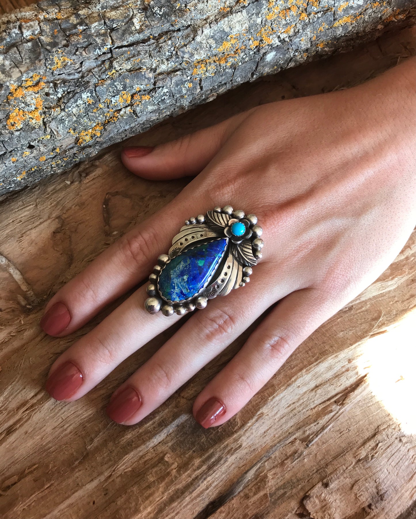 Bluebird Azurite with a Sleeping Beauty Wildflower Ring~Sterling Silver~ Artisan Handmade~ Size 7 3/4