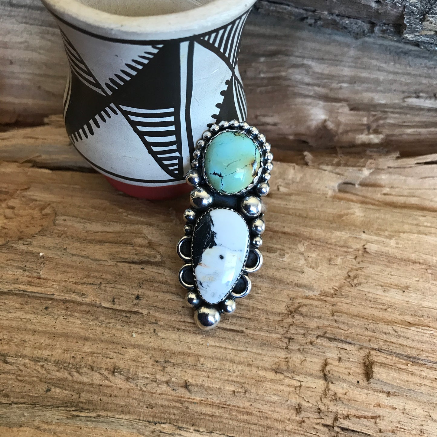 Iron Maiden Turquoise and White Buffalo Ring~ Sterling Silver~ Artisan Handmade~ Size 8 1/4