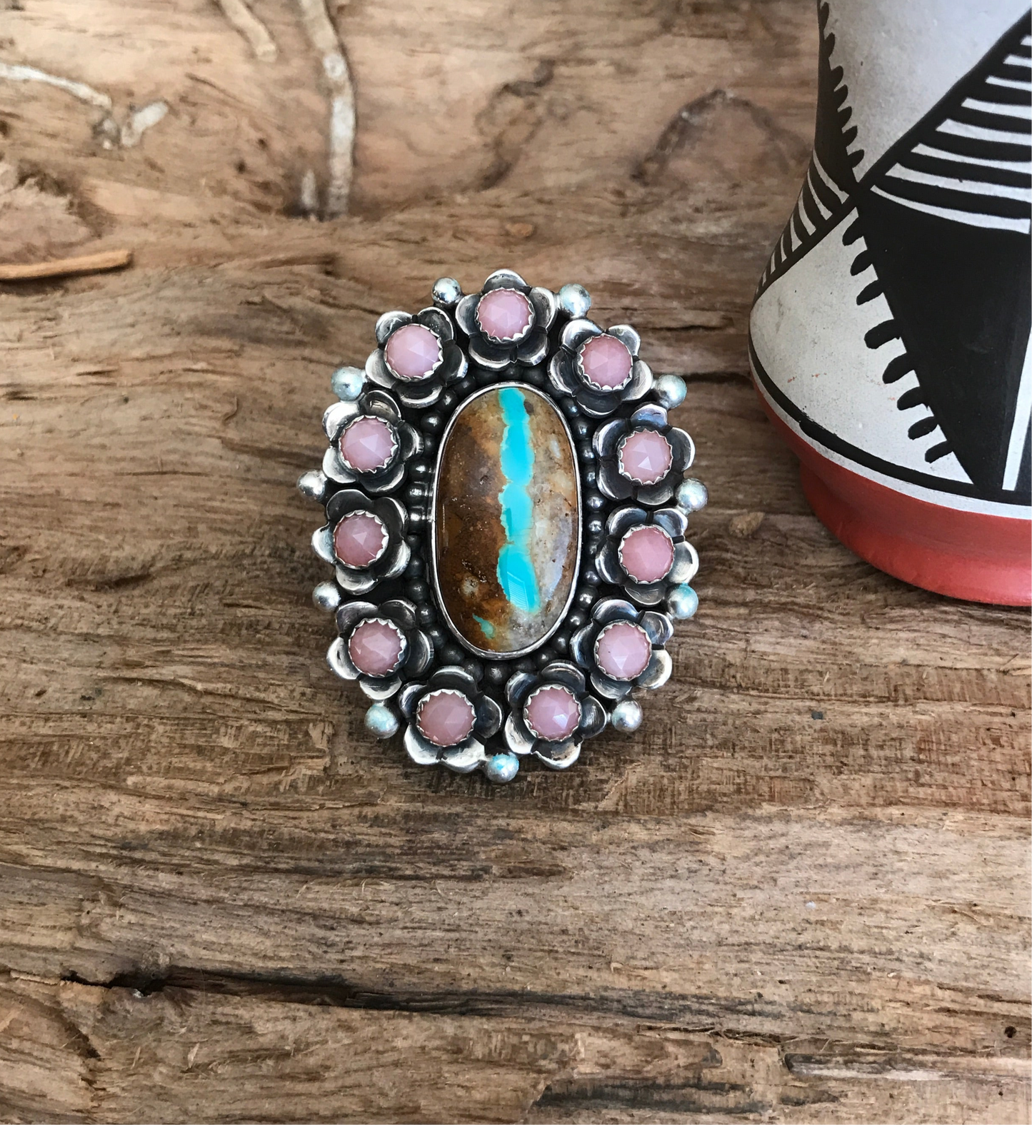 FLORA de SANTA FE Ring~Sterling Silver~ Royston Ribbon Turquoise and Pink Opal~ Artisan Handmade~ Size 8