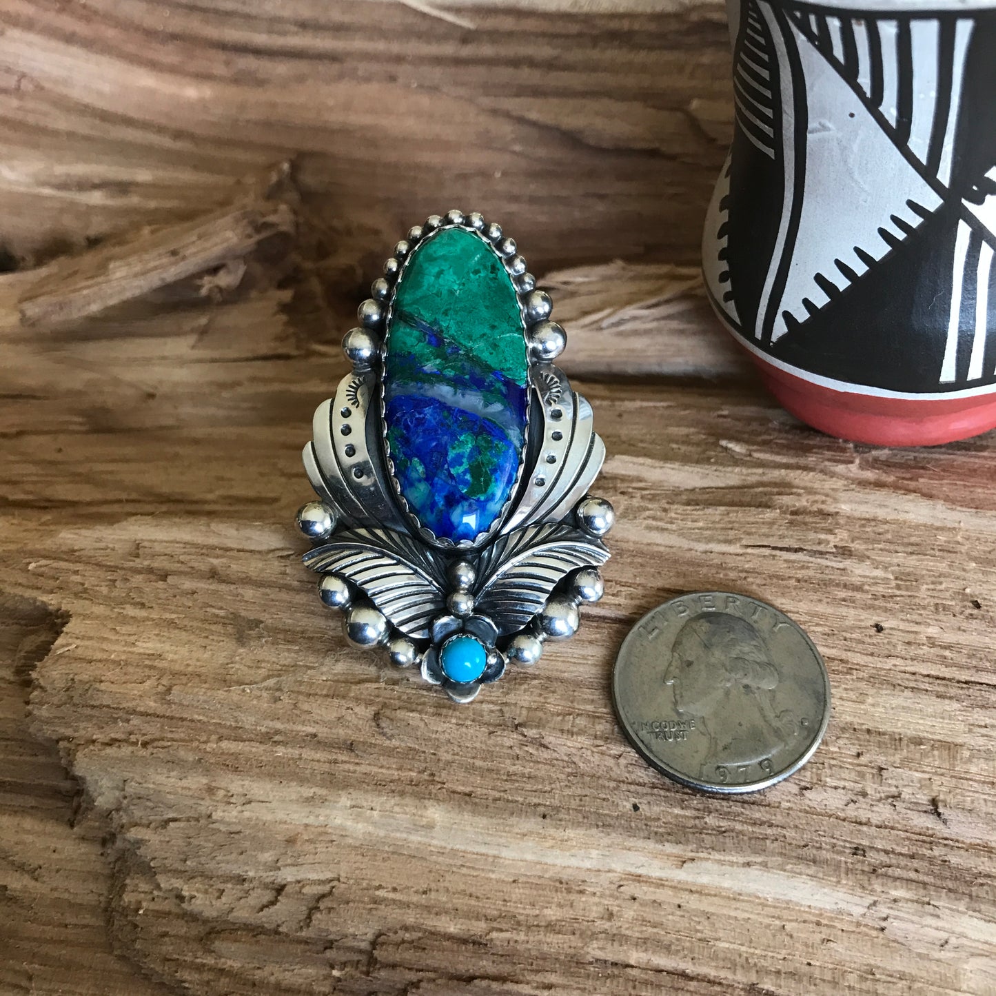 Bluebird Azurite with a Sleeping Beauty Wildflower Ring~Sterling Silver~ Artisan Handmade~ Size 10