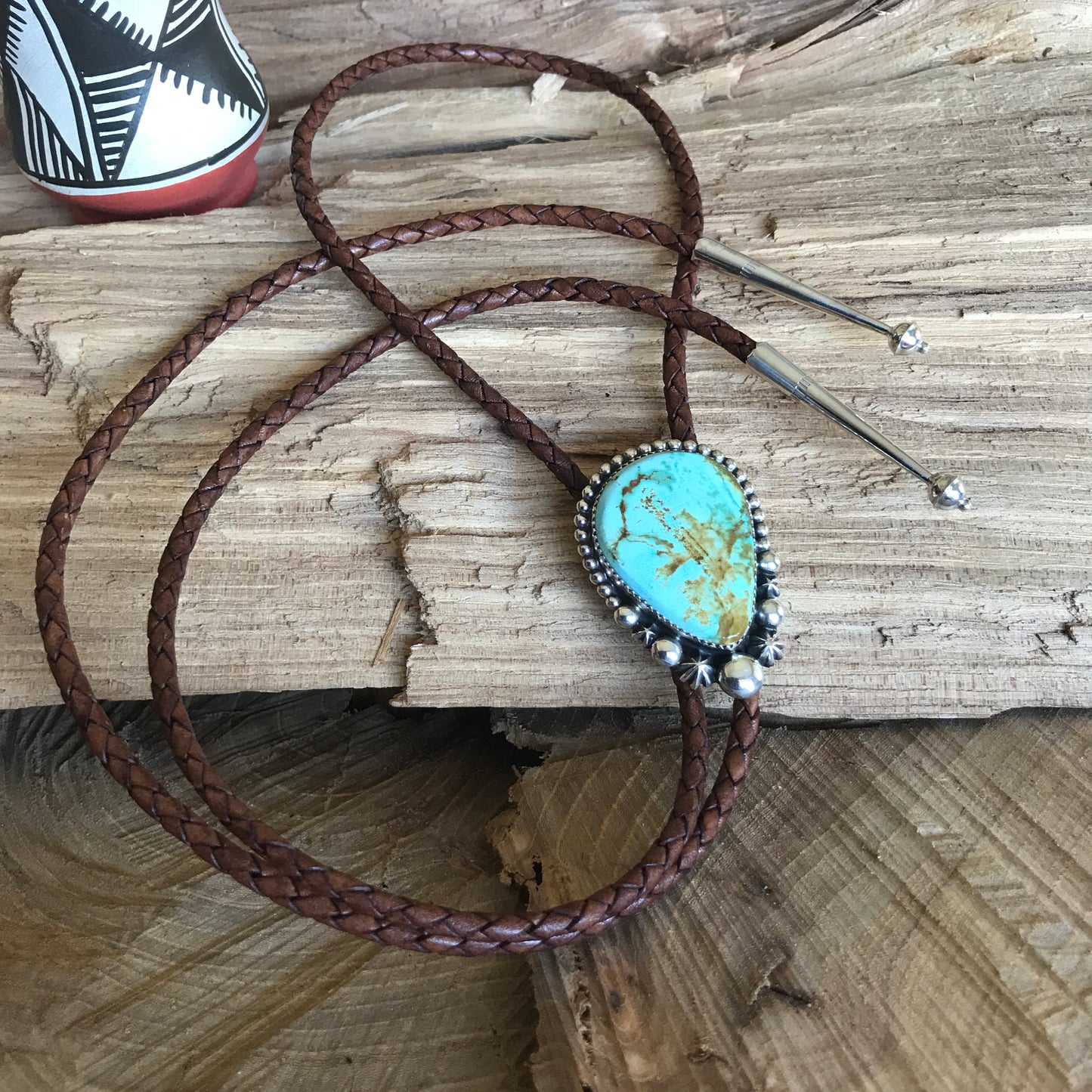 Pilot Mountain Turquoise Bolo Tie~ Sterling Silver~ real leather cord