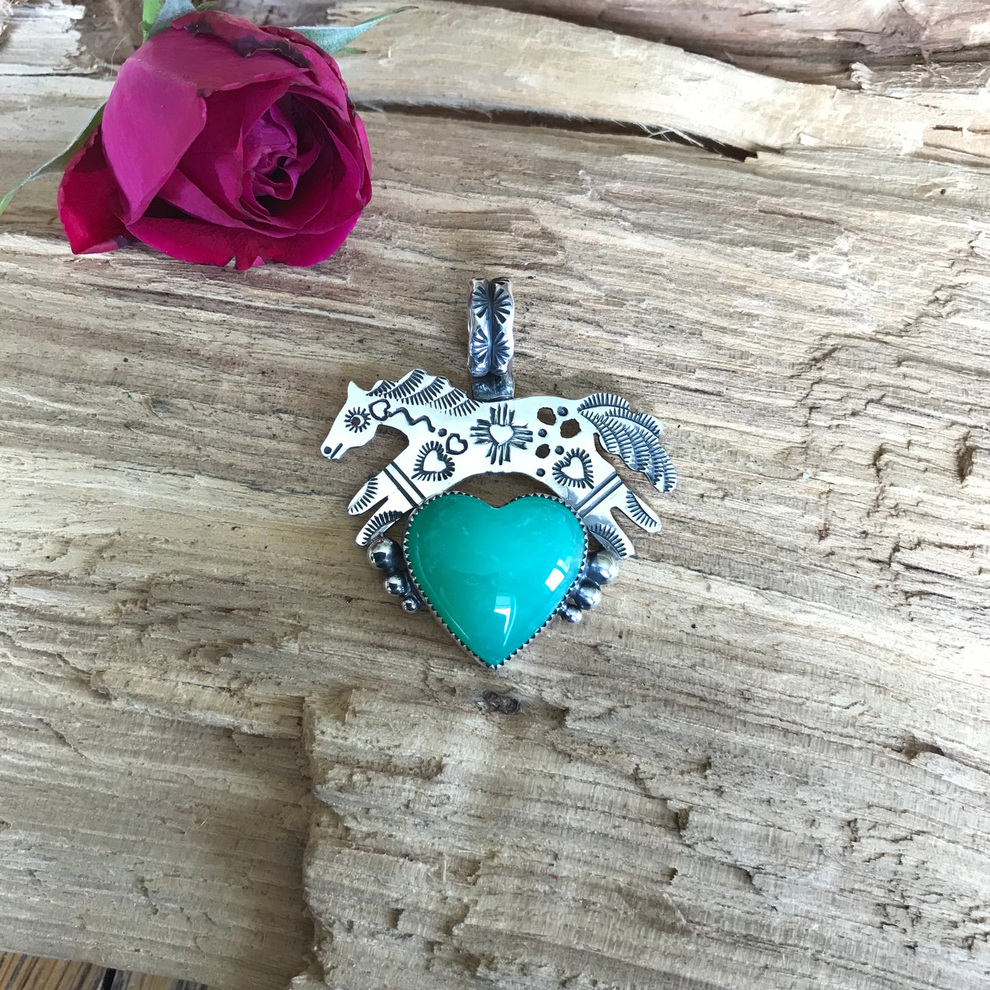 SPIRIT PONY~ Chrysoprase Heart pendant~ Sterling Silver~ Artisan Handmade ~ 1072