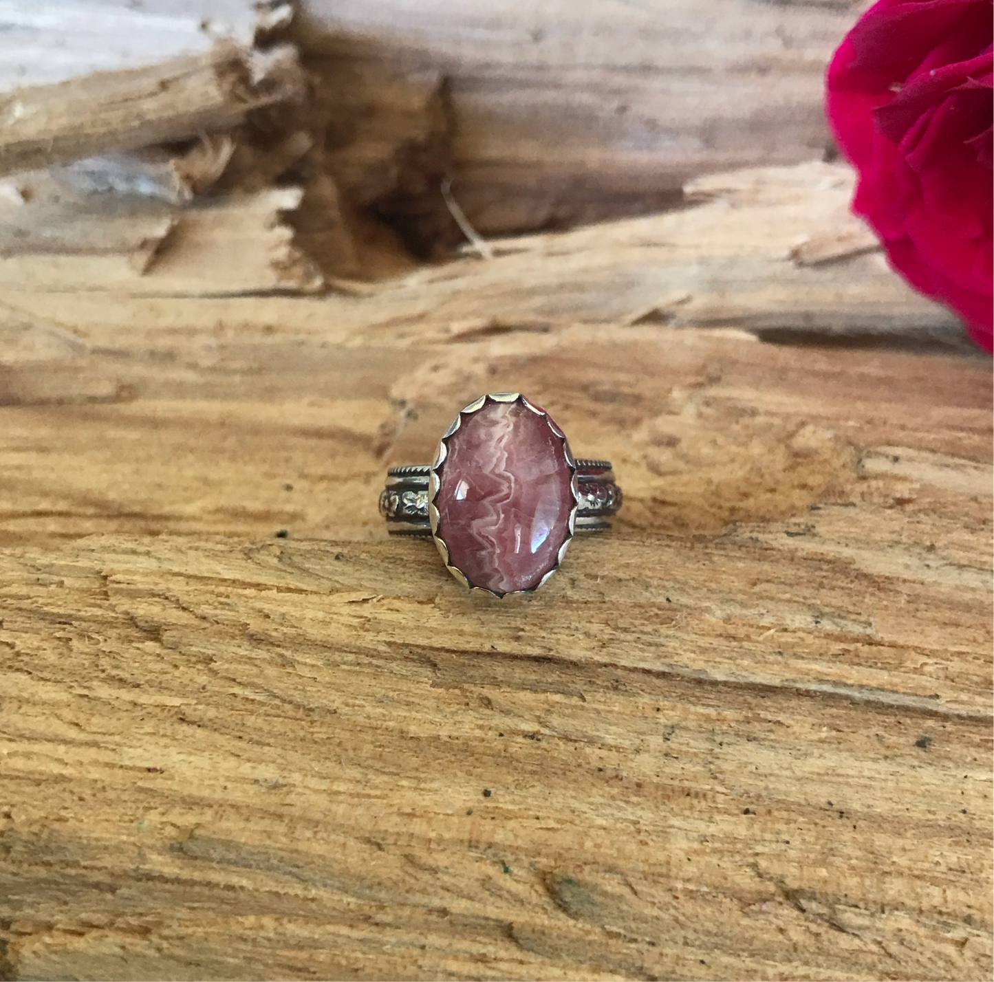 Rhodochrosite Ring~ Sterling Silver~ Artisan Handmade~ ENGLISH COUNTRY GARDEN Series~ Size 4 1/2