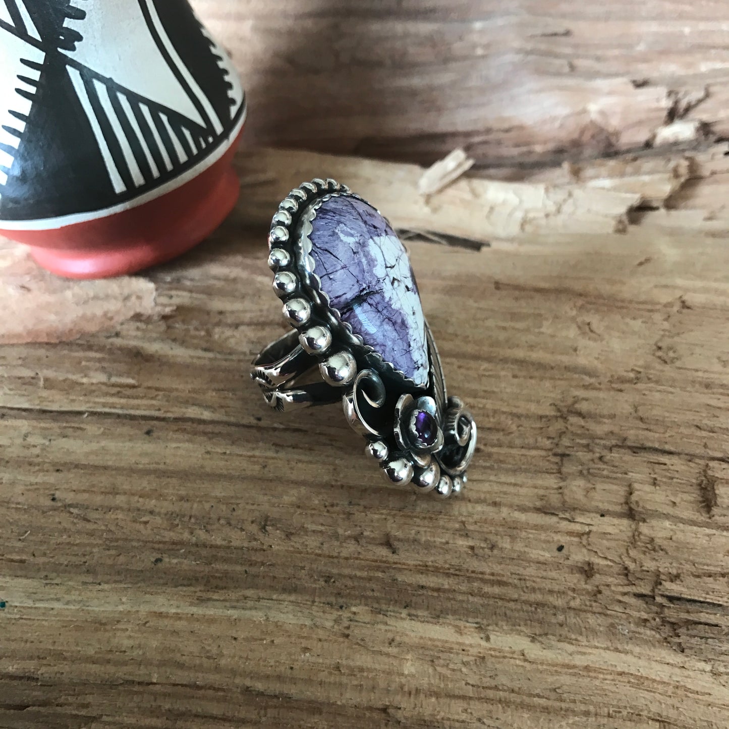 Tiffany Stone and Amethyst Ring~ Sterling Silver~ Artisan Handmade~ size 7 1/2