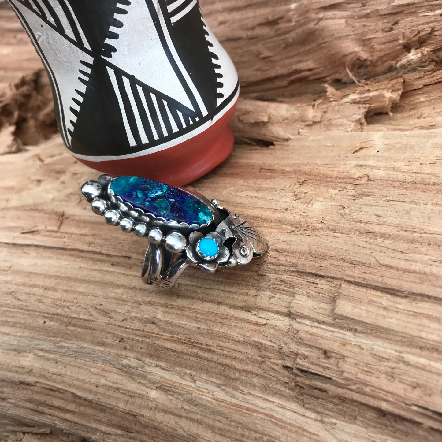 Bluebird Azurite with a Sleeping Beauty Wildflower Ring~Sterling Silver~ Artisan Handmade~ Size 6