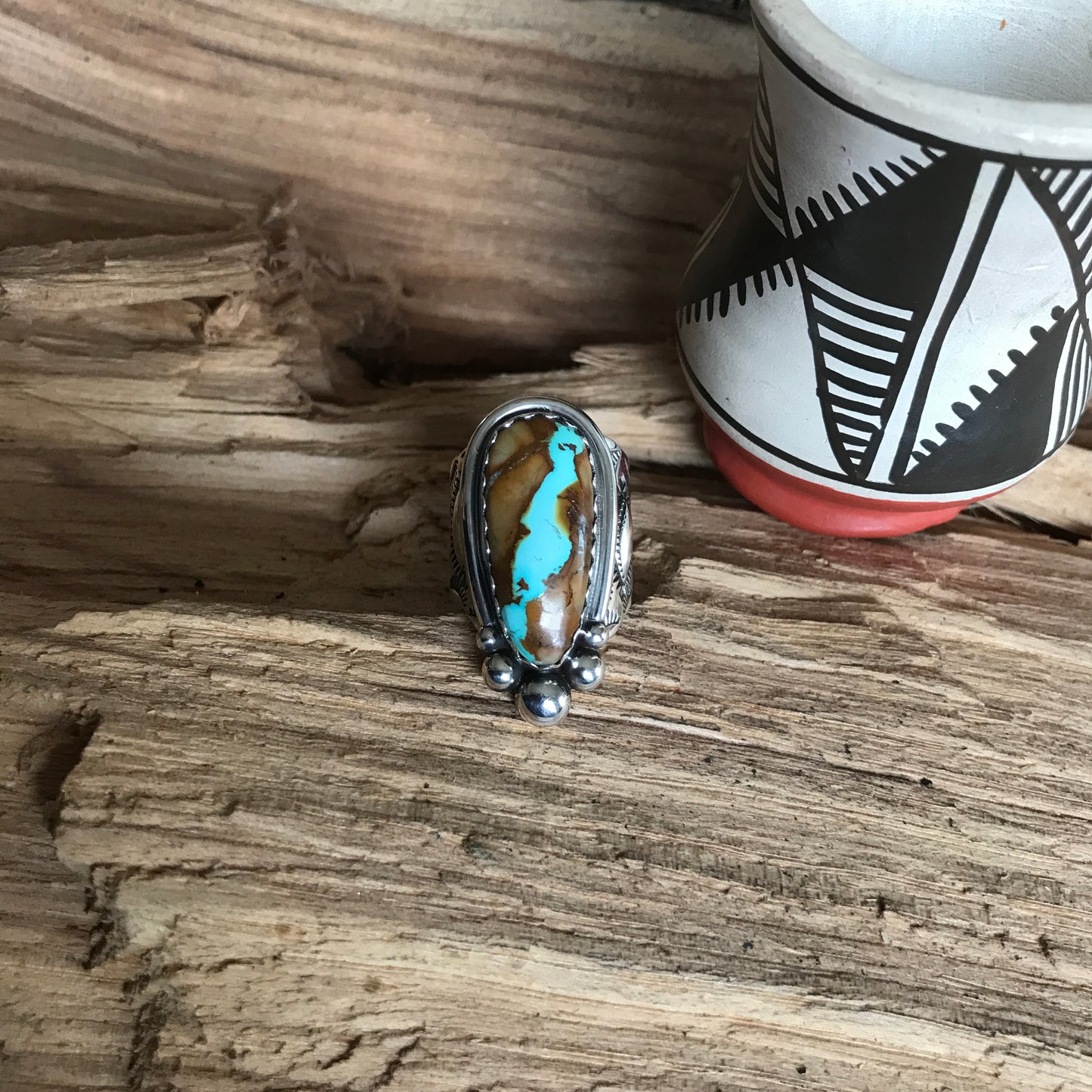 Royston Ribbon Turquoise Ring~ Sterling Silver~ Offset Shank~ Artisan Handmade~ Size 8 1/2