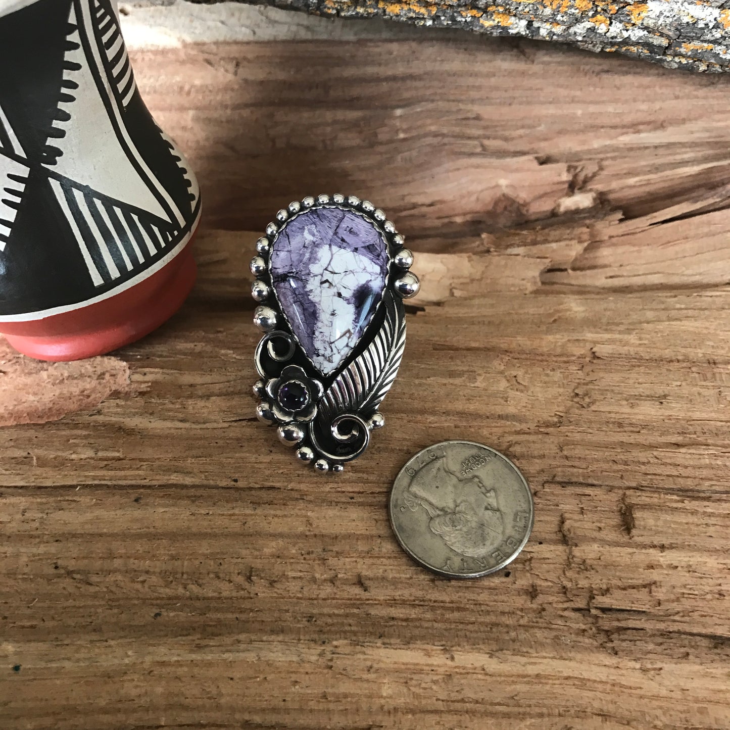 Tiffany Stone and Amethyst Ring~ Sterling Silver~ Artisan Handmade~ size 7 1/2