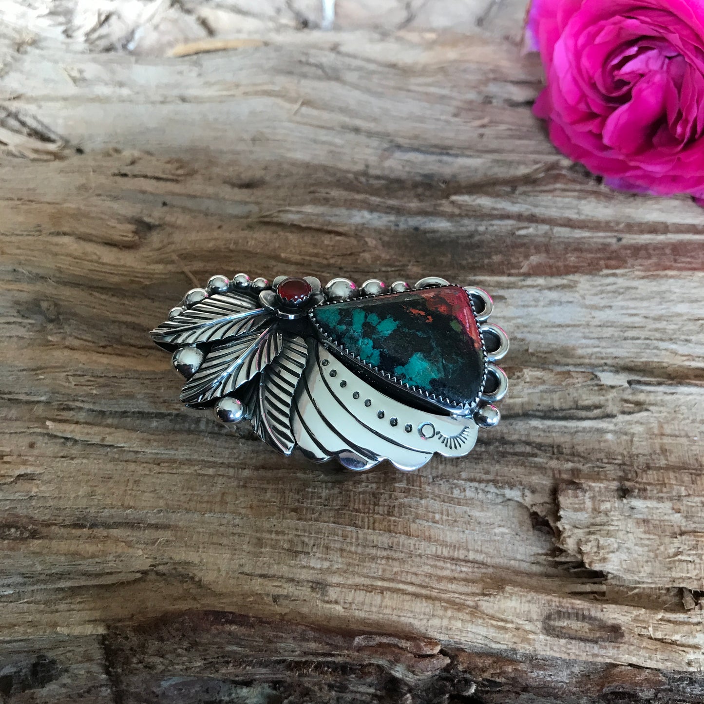 Sonoran Sunset Statement Ring with a Carnelian Wildflower~ Sterling Silver~ Artisan Handmade~ Size 10
