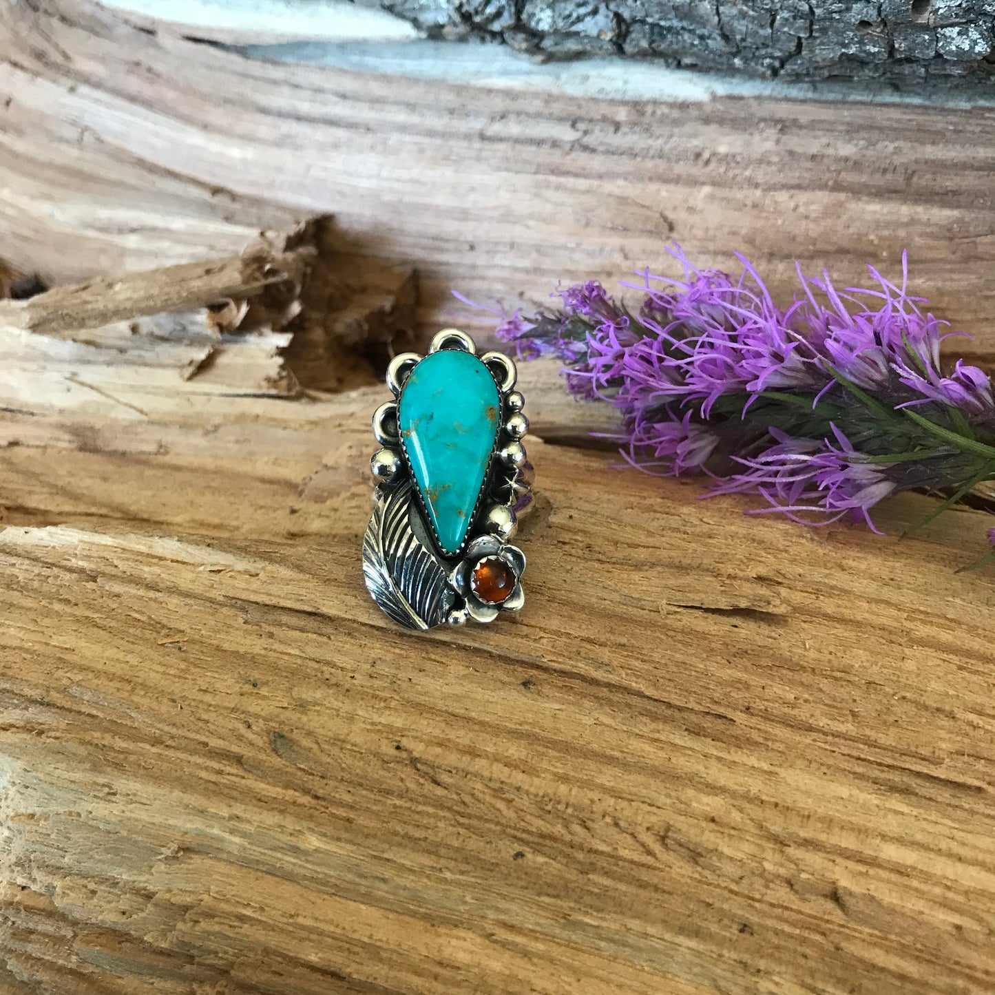 Kings Manassa Turquoise Ring with an Amber Wildflower~ Sterling Silver~ Artisan Handmade~ Size 8 1/4