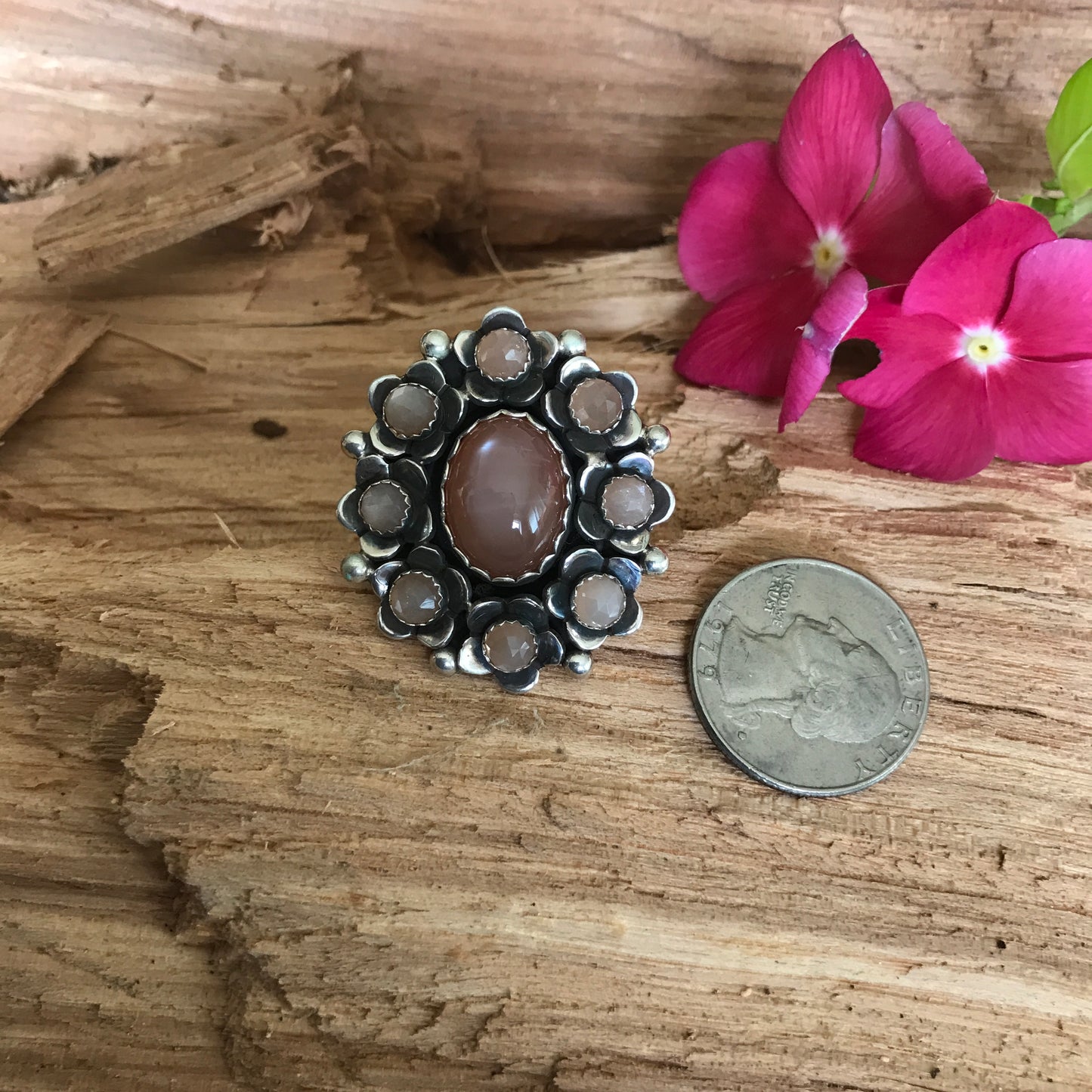 FLORA de SANTA FE Ring~Sterling Silver~ Peach Moonstone~ Artisan Handmade~ Size 6