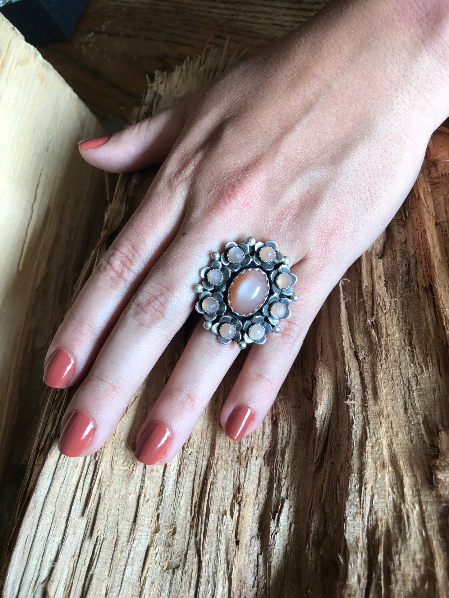 FLORA de SANTA FE Ring~Sterling Silver~ Peach Moonstone~ Artisan Handmade~ Size 6