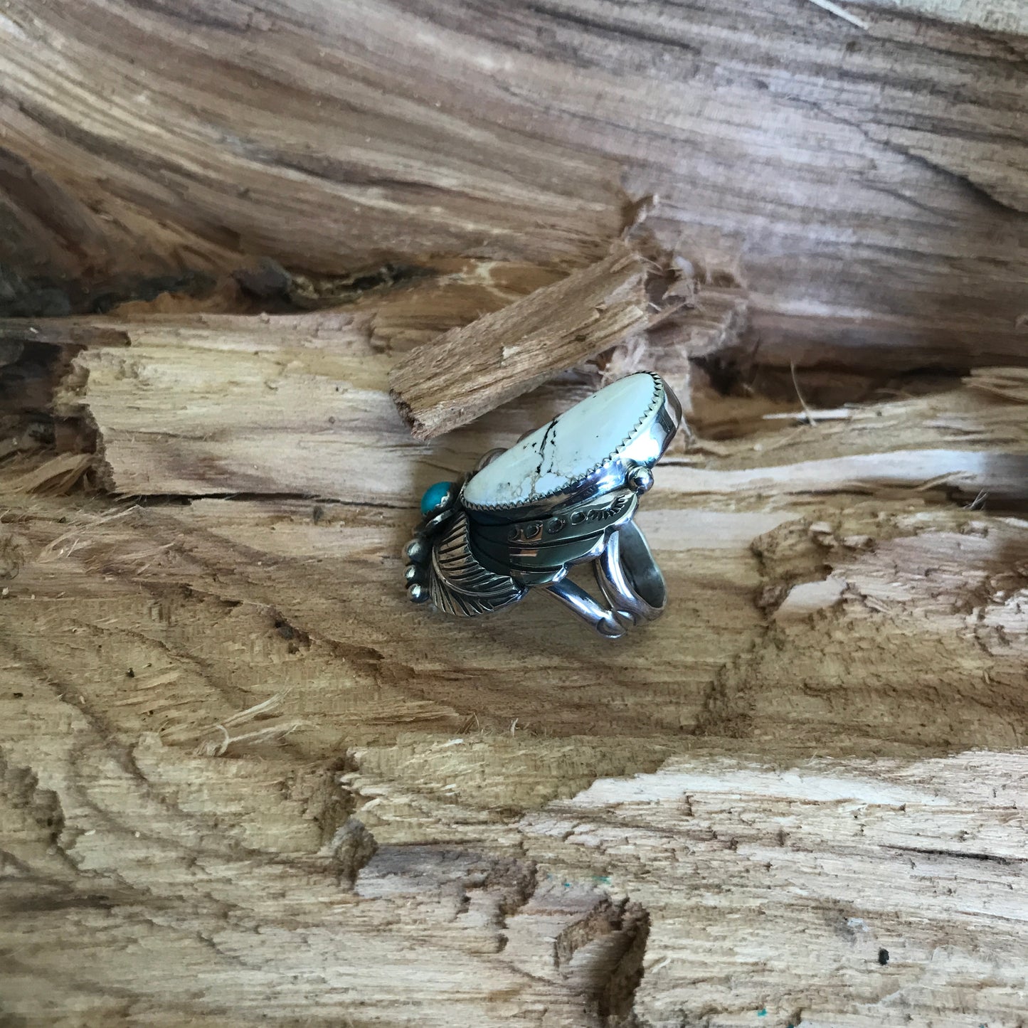 White Buffalo Ring with a Carico Lake Turquoise Wildflower~ Sterling Silver~ Size 8
