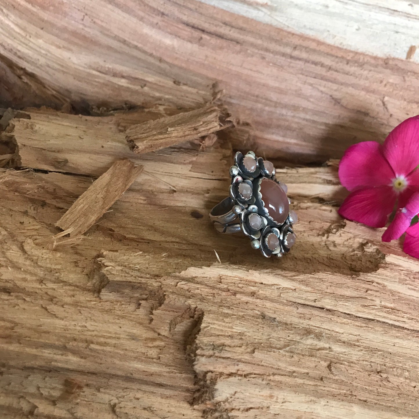 FLORA de SANTA FE Ring~Sterling Silver~ Peach Moonstone~ Artisan Handmade~ Size 6