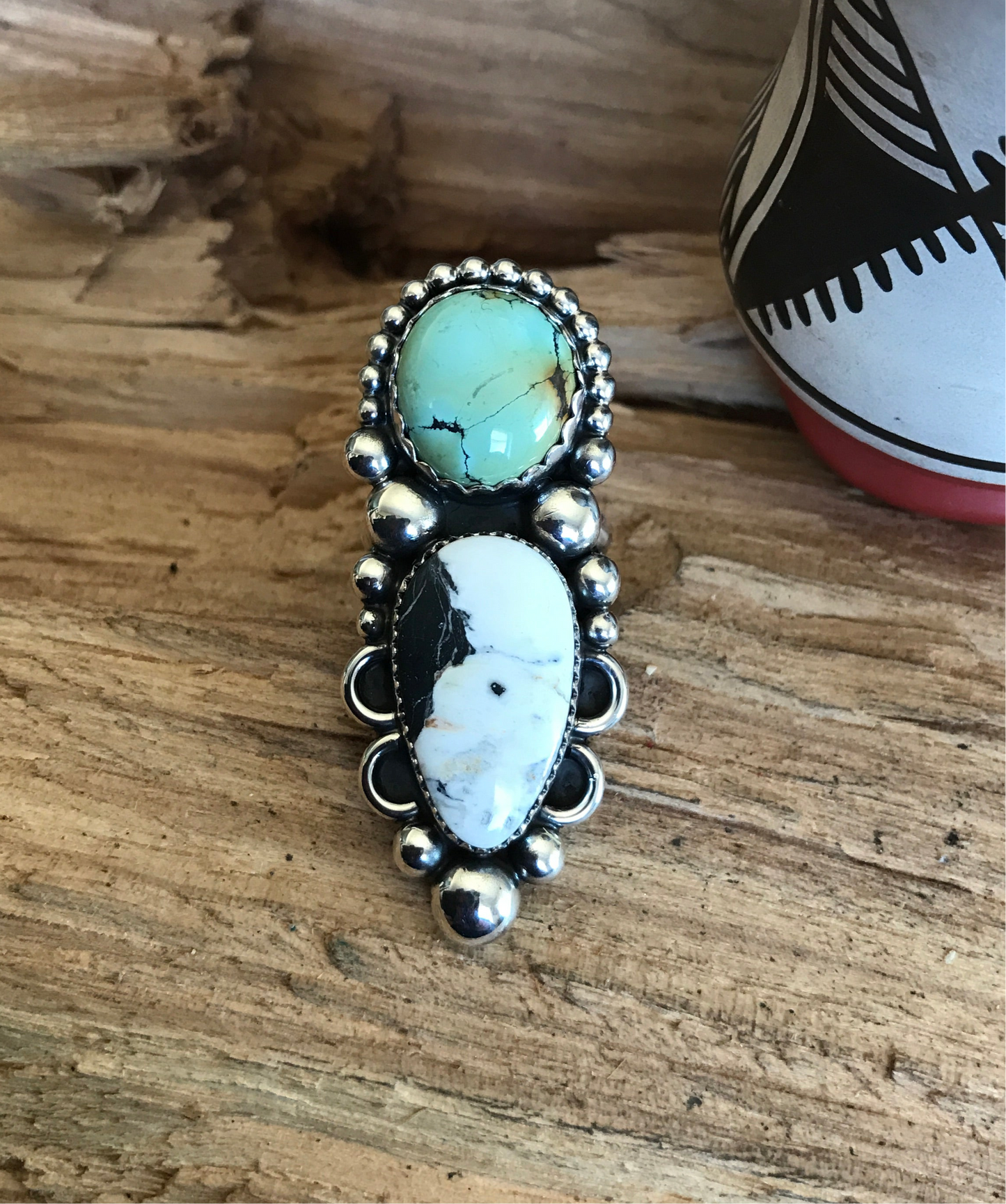 Iron Maiden Turquoise and White Buffalo Ring~ Sterling Silver~ Artisan Handmade~ Size 8 1/4