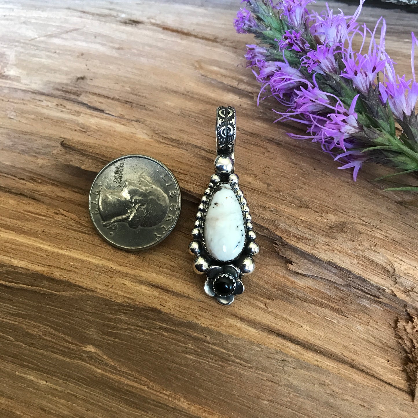 White Buffalo Turquoise pendant with a Black Onyx Wildflower~ Sterling Silver~ Artisan Handmade