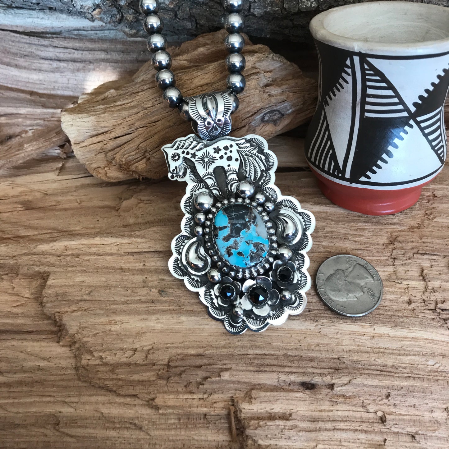 SPIRIT PONY pendant with Blue Moon Turquoise~ Sterling Silver~ large pendant~ Artisan Handmade