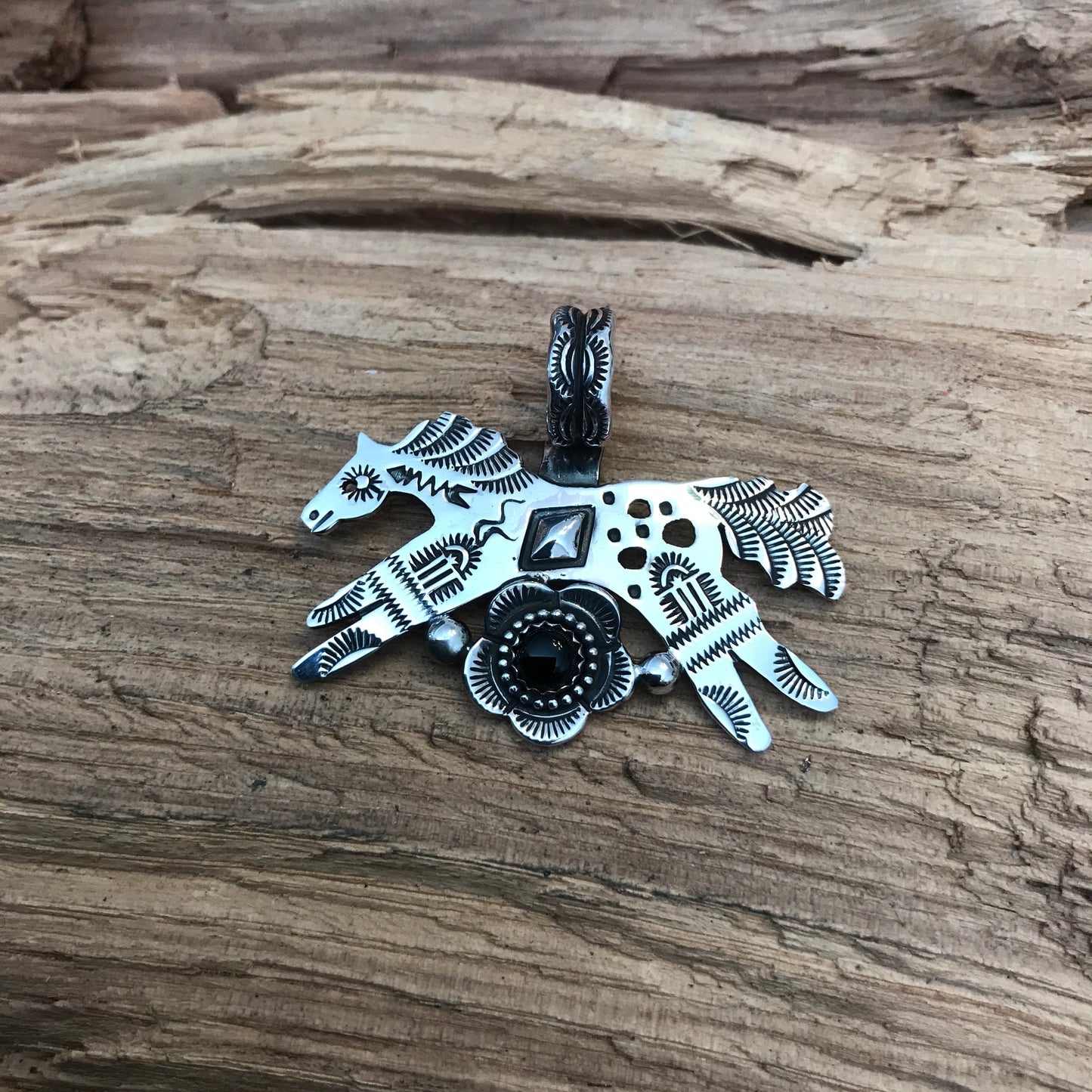 SPIRIT PONY Black Onyx Taos Flora Pendant~ Sterling Silver~ Artisan Handmade ~ 1209