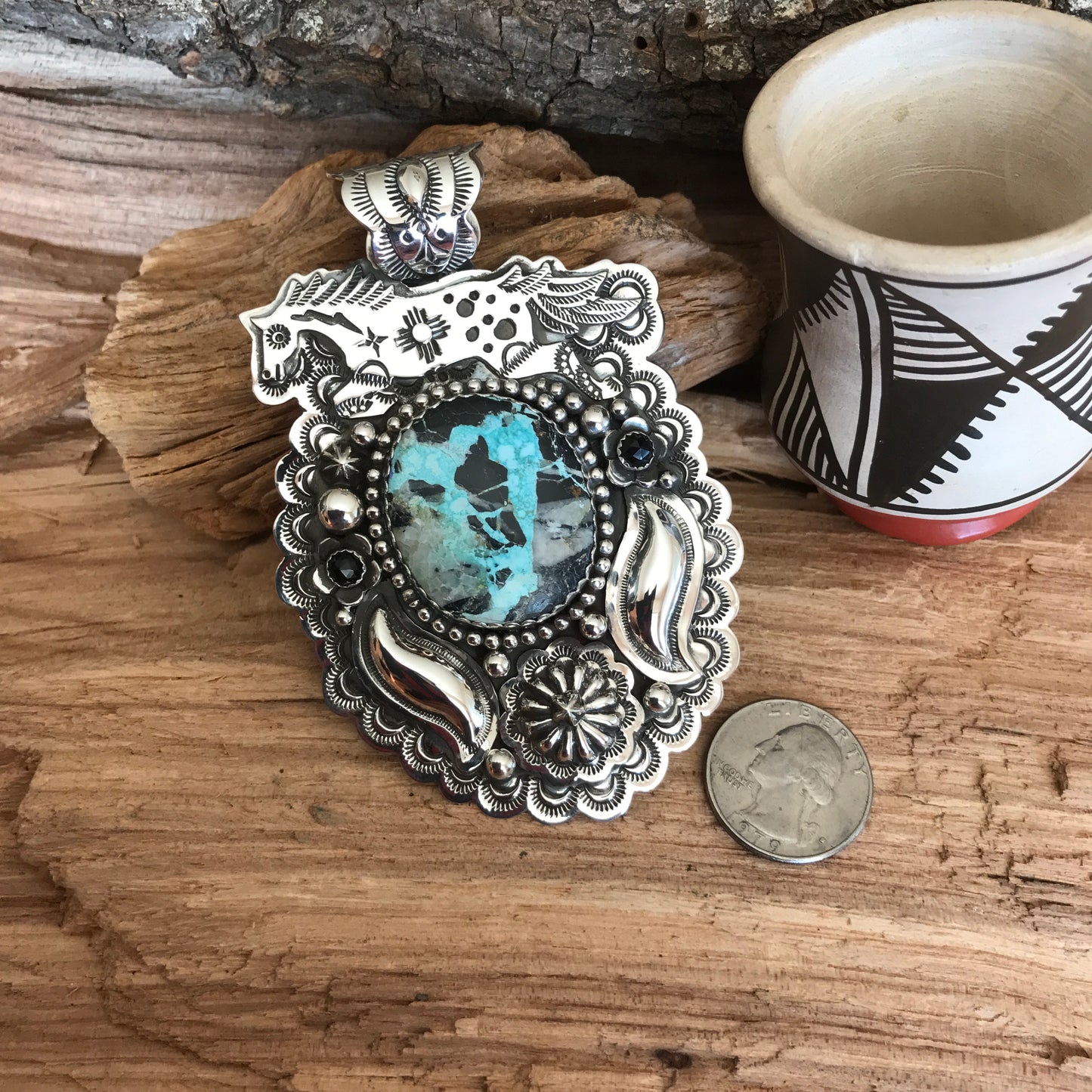 SPIRIT PONY Repousse pendant with Blue Moon Turquoise~ Sterling Silver~ Huge pendant~ Artisan Handmade