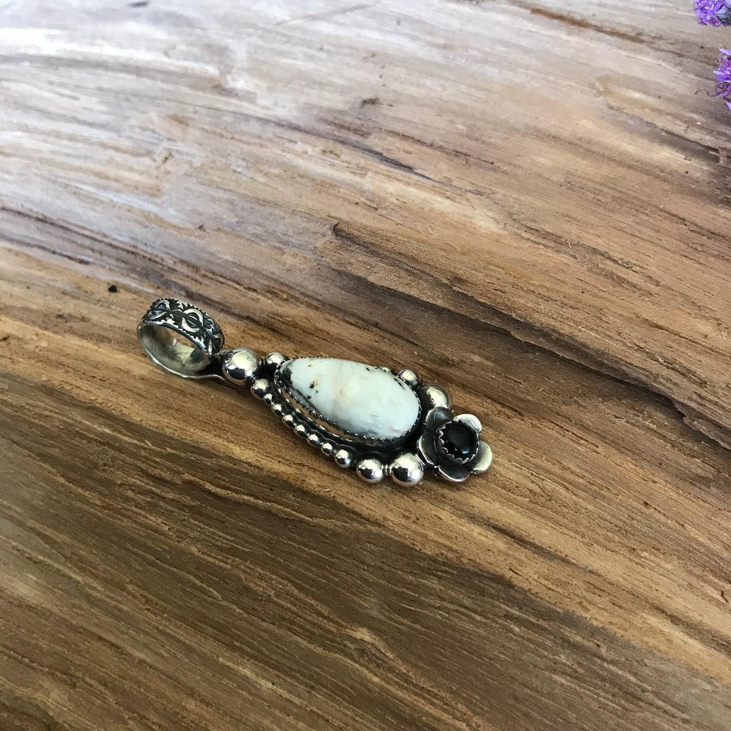 White Buffalo Turquoise pendant with a Black Onyx Wildflower~ Sterling Silver~ Artisan Handmade