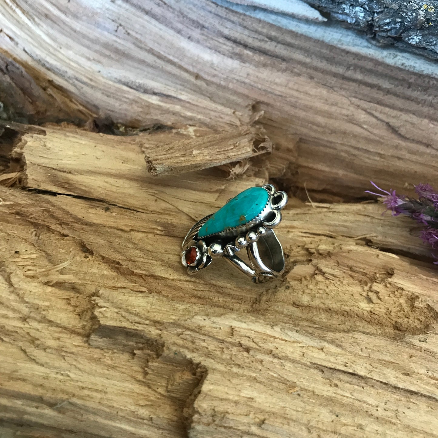 Kings Manassa Turquoise Ring with an Amber Wildflower~ Sterling Silver~ Artisan Handmade~ Size 8 1/4