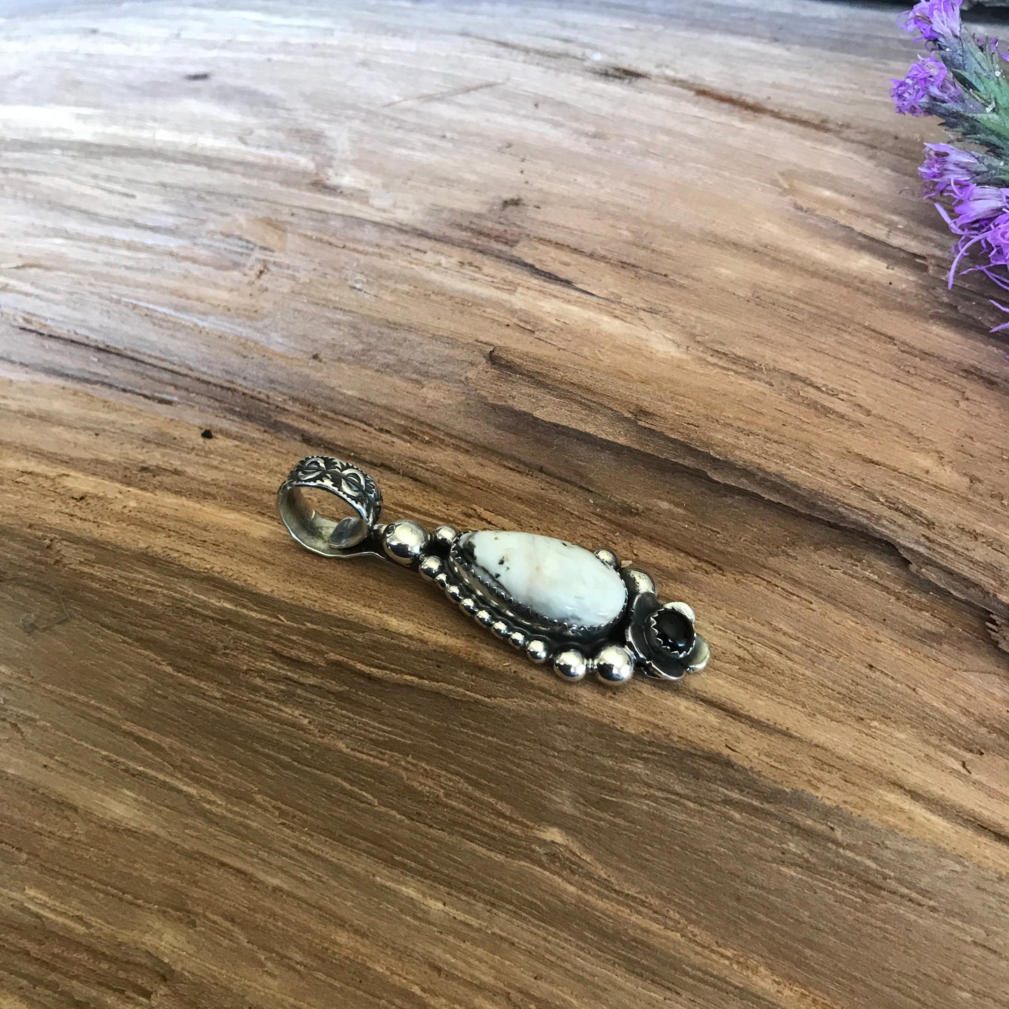 White Buffalo Turquoise pendant with a Black Onyx Wildflower~ Sterling Silver~ Artisan Handmade