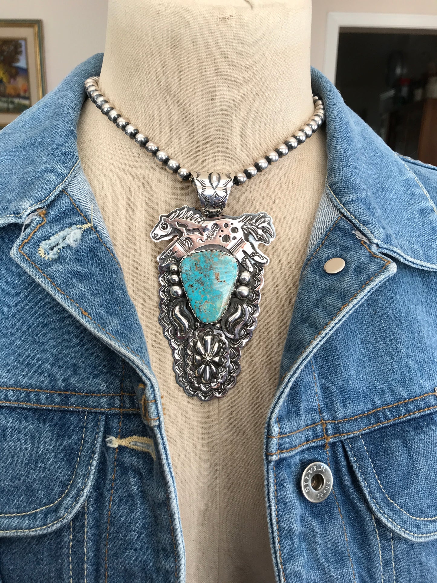 SPIRIT PONY pendant with Royston Turquoise~ Sterling Silver~ large pendant~ Artisan Handmade ~ 1133