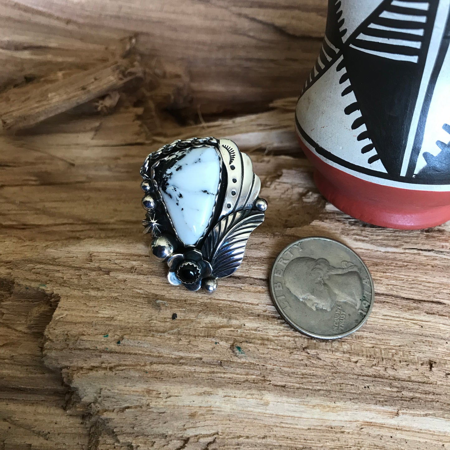 White Buffalo Ring~Sterling Silver~ Artisan Handmade~ Size 9 1/4