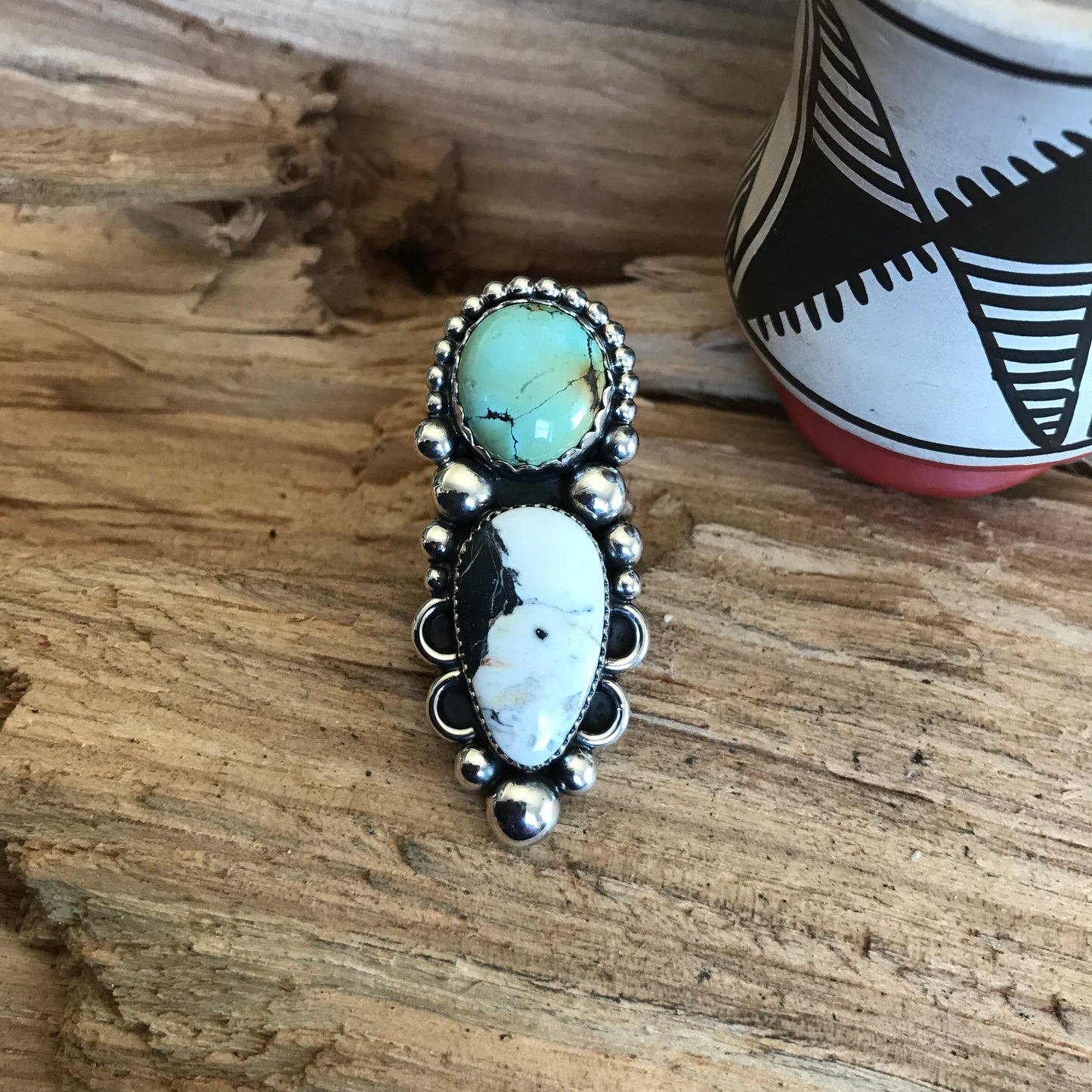 Iron Maiden Turquoise and White Buffalo Ring~ Sterling Silver~ Artisan Handmade~ Size 8 1/4
