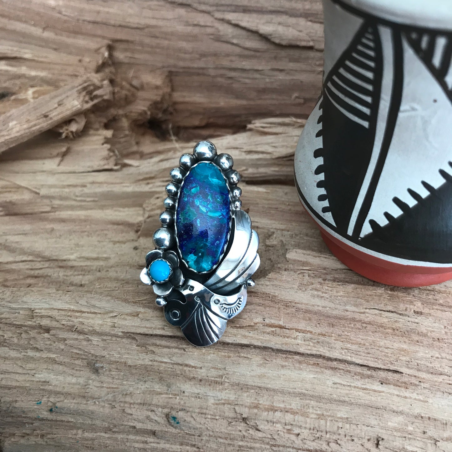 Bluebird Azurite with a Sleeping Beauty Wildflower Ring~Sterling Silver~ Artisan Handmade~ Size 6