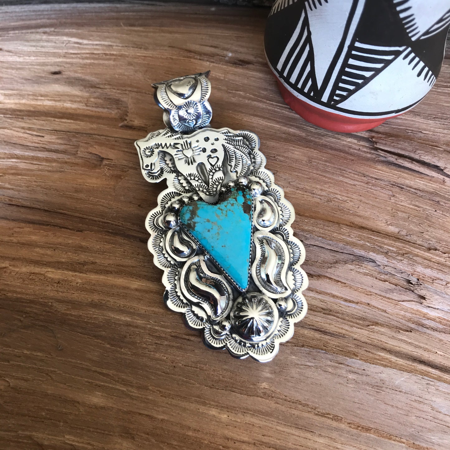 SPIRIT PONY Repousse pendant with #8 Turquoise~ Sterling Silver~ Large pendant~ Artisan Handmade