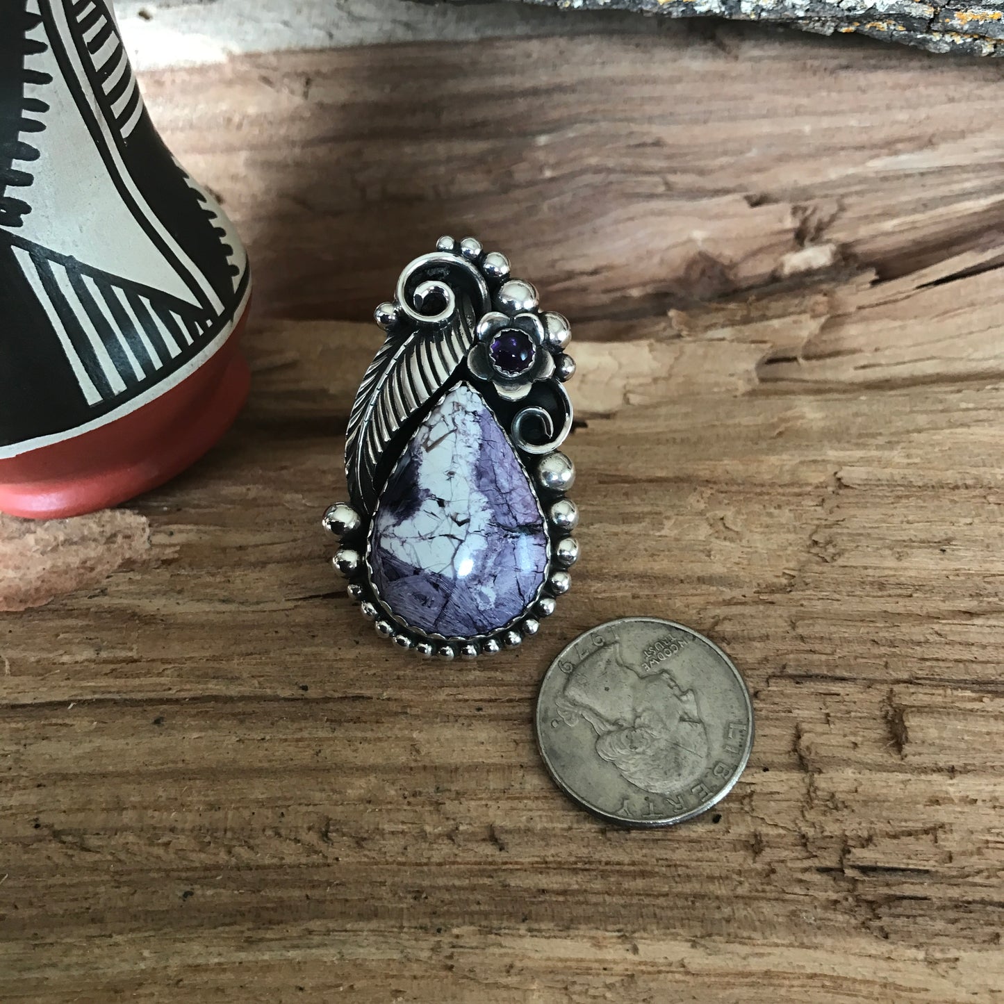 Tiffany Stone and Amethyst Ring~ Sterling Silver~ Artisan Handmade~ size 7 1/2