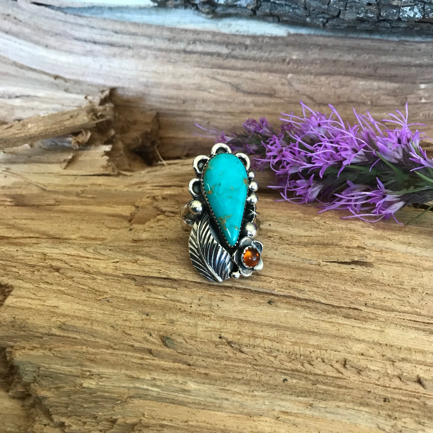 Kings Manassa Turquoise Ring with an Amber Wildflower~ Sterling Silver~ Artisan Handmade~ Size 8 1/4