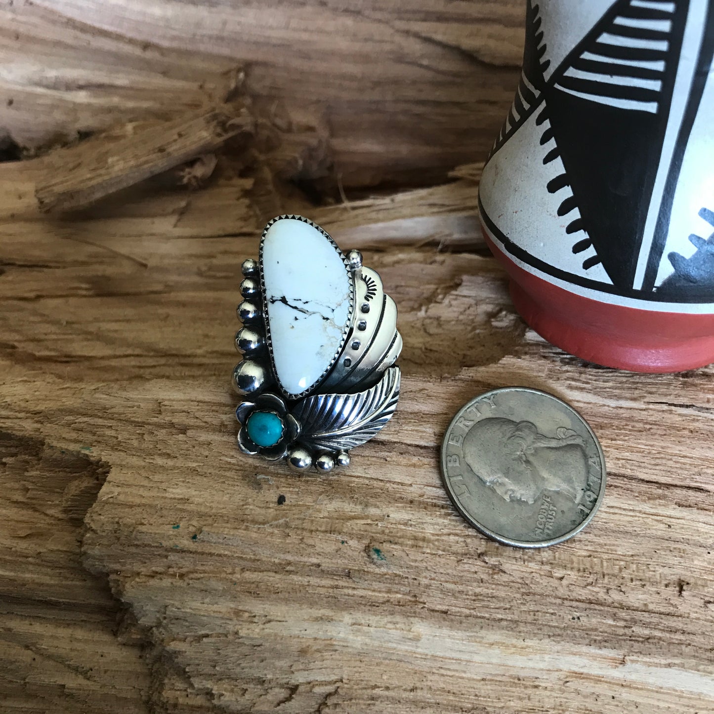 White Buffalo Ring with a Carico Lake Turquoise Wildflower~ Sterling Silver~ Size 8