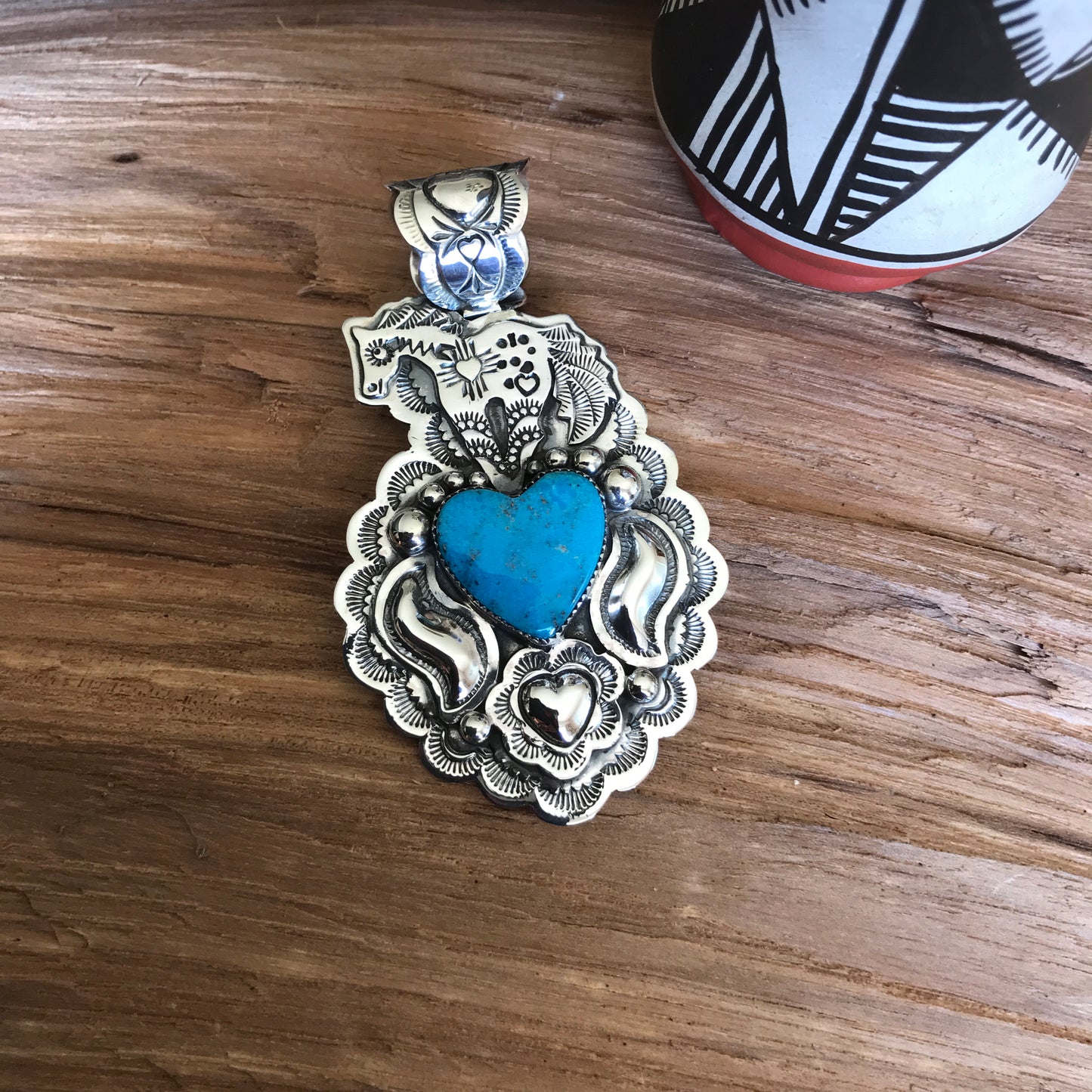 SPIRIT PONY Repousse pendant with Bisbee Turquoise~ Sterling Silver~ Artisan Handmade