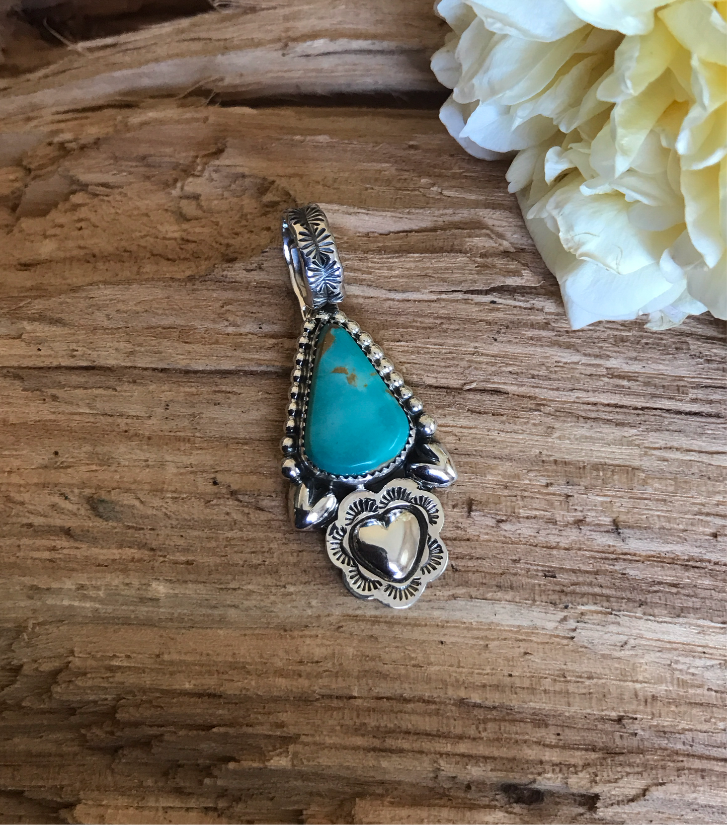 Kings Manassa Turquoise Pendant with 3 Hearts Repousse~ Sterling Silver~ Artisan Handmade ~ 1087