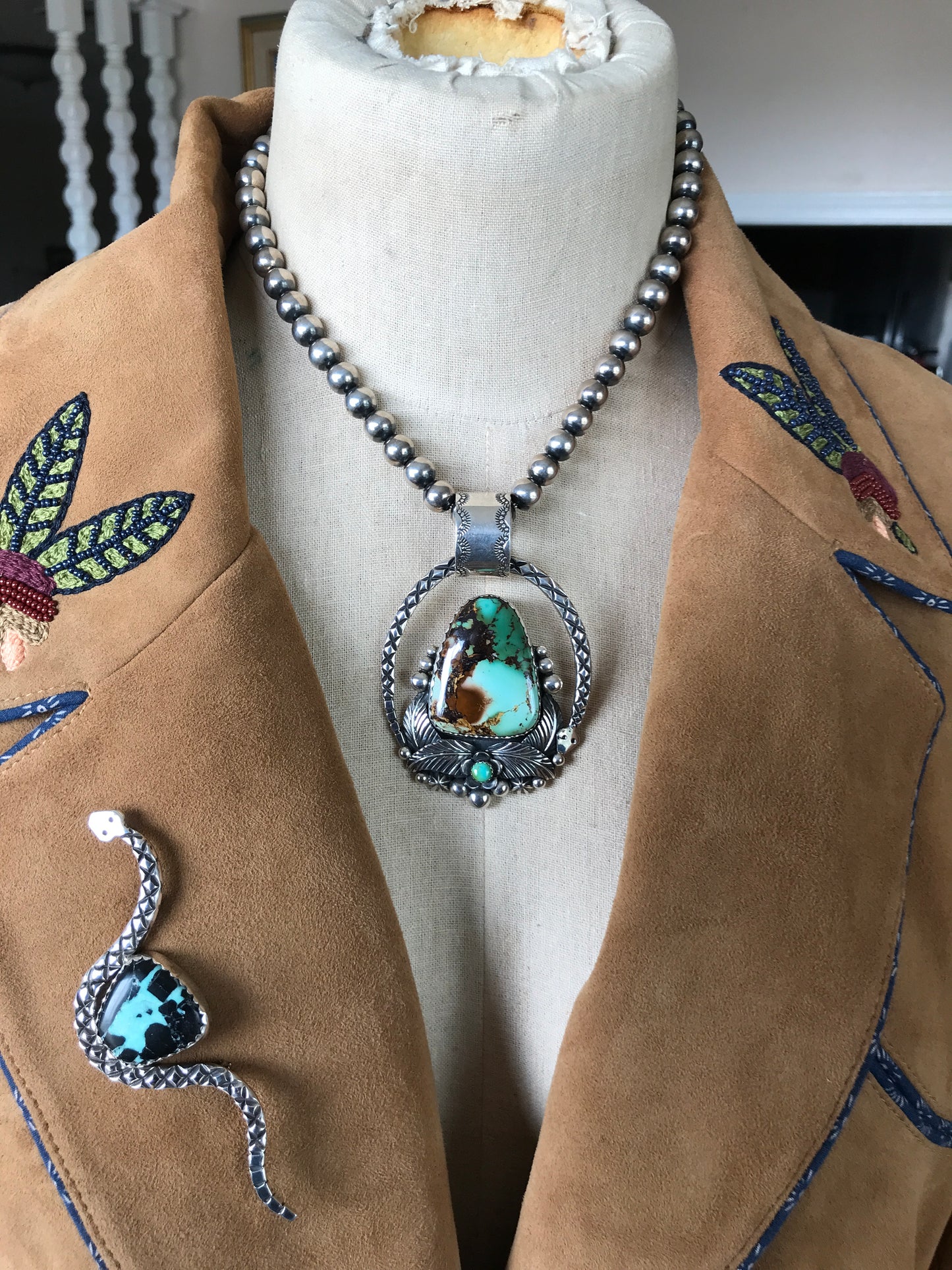 Royston Turquoise Rattlesnake Huge Pendant~ Sterling Silver~ Artisan Handmade~ 1015