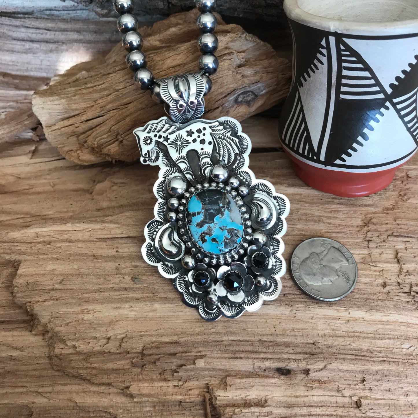 SPIRIT PONY pendant with Blue Moon Turquoise~ Sterling Silver~ large pendant~ Artisan Handmade