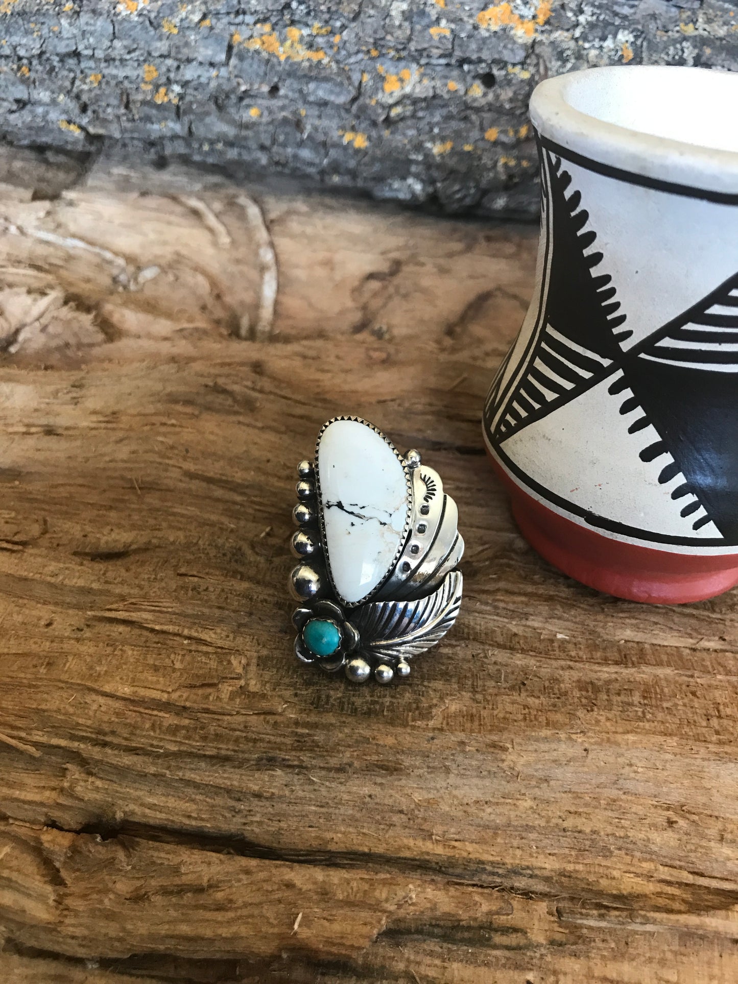 White Buffalo Ring with a Carico Lake Turquoise Wildflower~ Sterling Silver~ Size 8