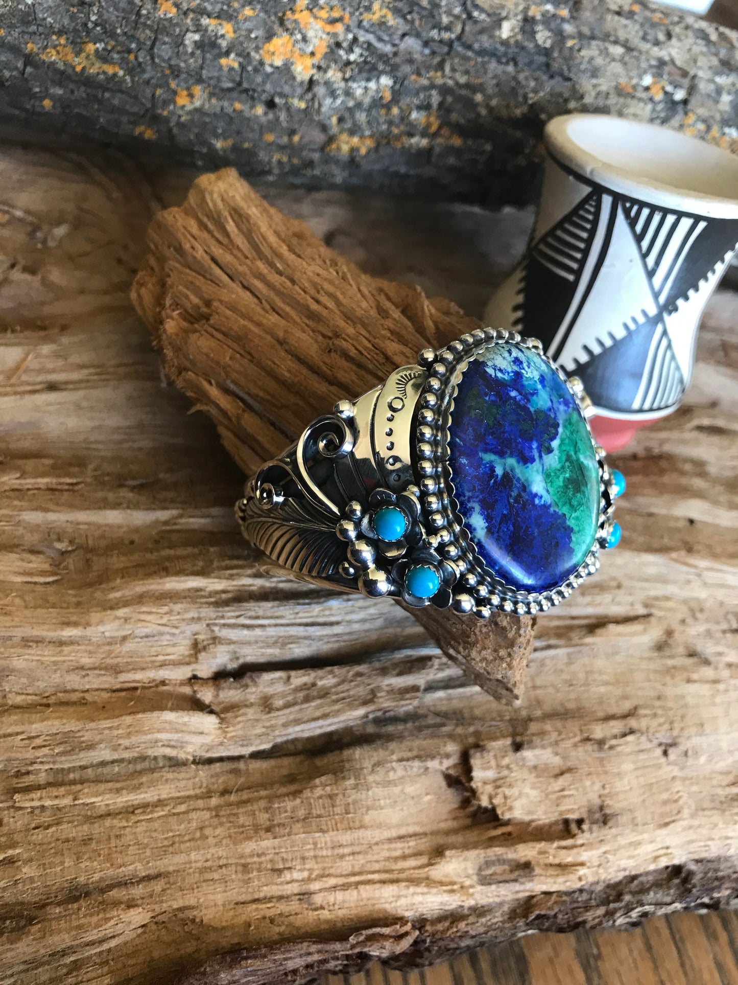 Bluebird Azurite cuff Bracelet with Sleeping Beauty Wildflowers~ Sterling Silver~ Artisan Handmade