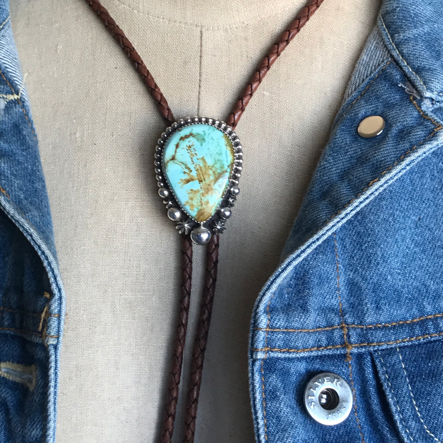 Pilot Mountain Turquoise Bolo Tie~ Sterling Silver~ real leather cord