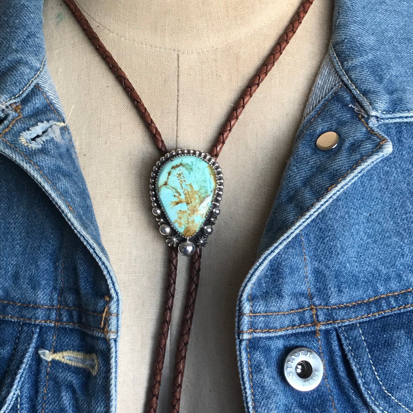 Pilot Mountain Turquoise Bolo Tie~ Sterling Silver~ real leather cord
