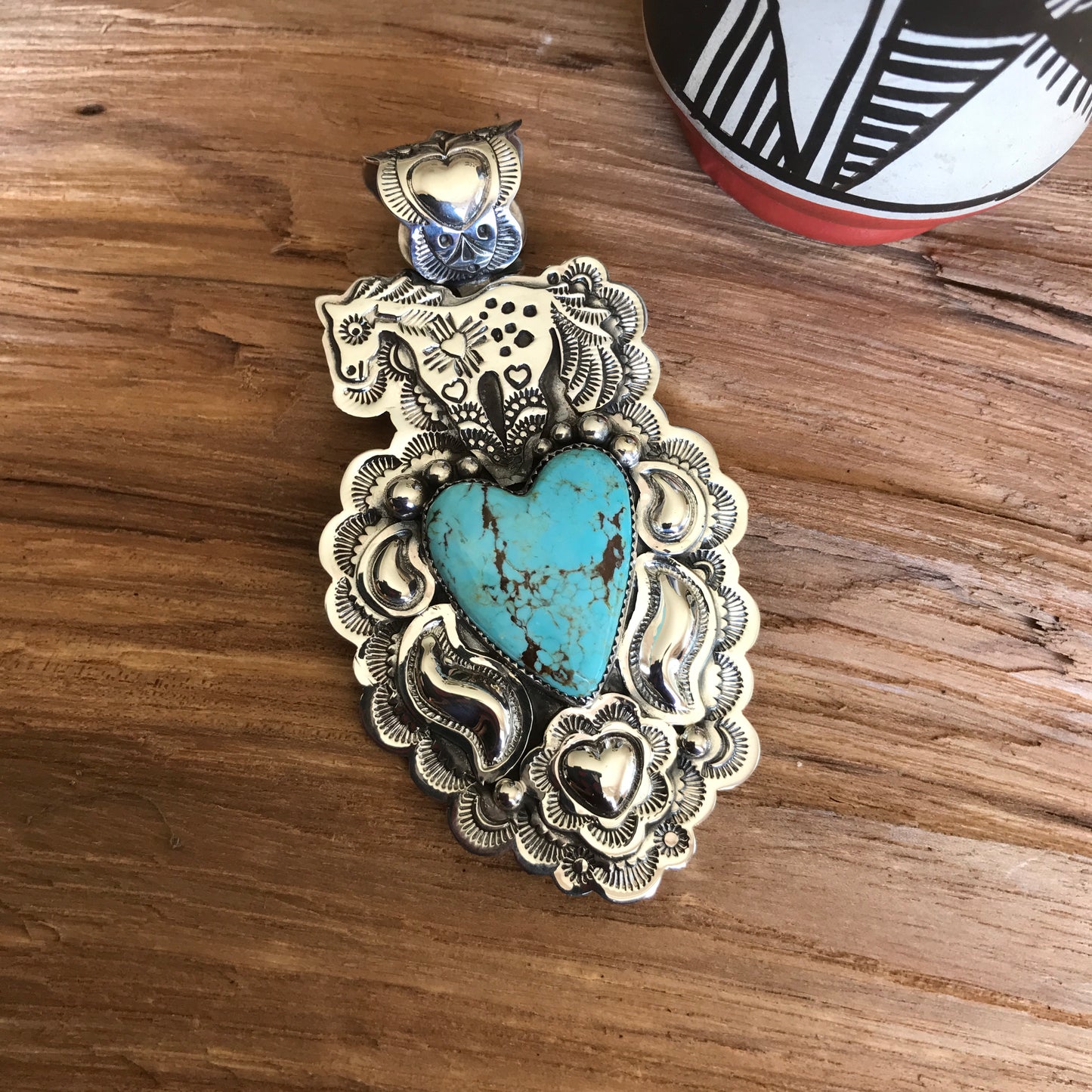 SPIRIT PONY Repousse pendant with #8 Turquoise~ Sterling Silver~ Large pendant~ Artisan Handmade