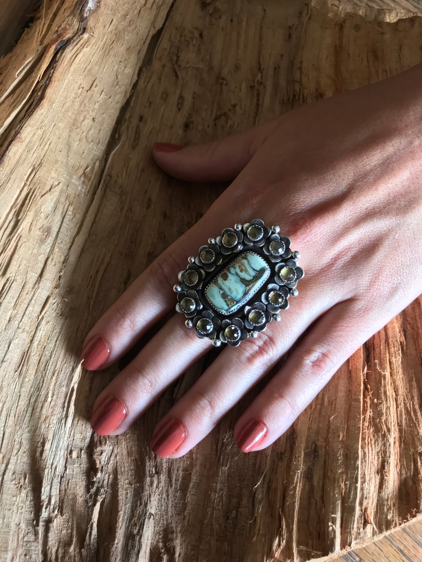 FLORA de SANTA FE ~ 7 Dwarfs Turquoise ring with Citrine Wildflowers ~ Sterling Silver~ Artisan Handmade ~ size 10 1/2