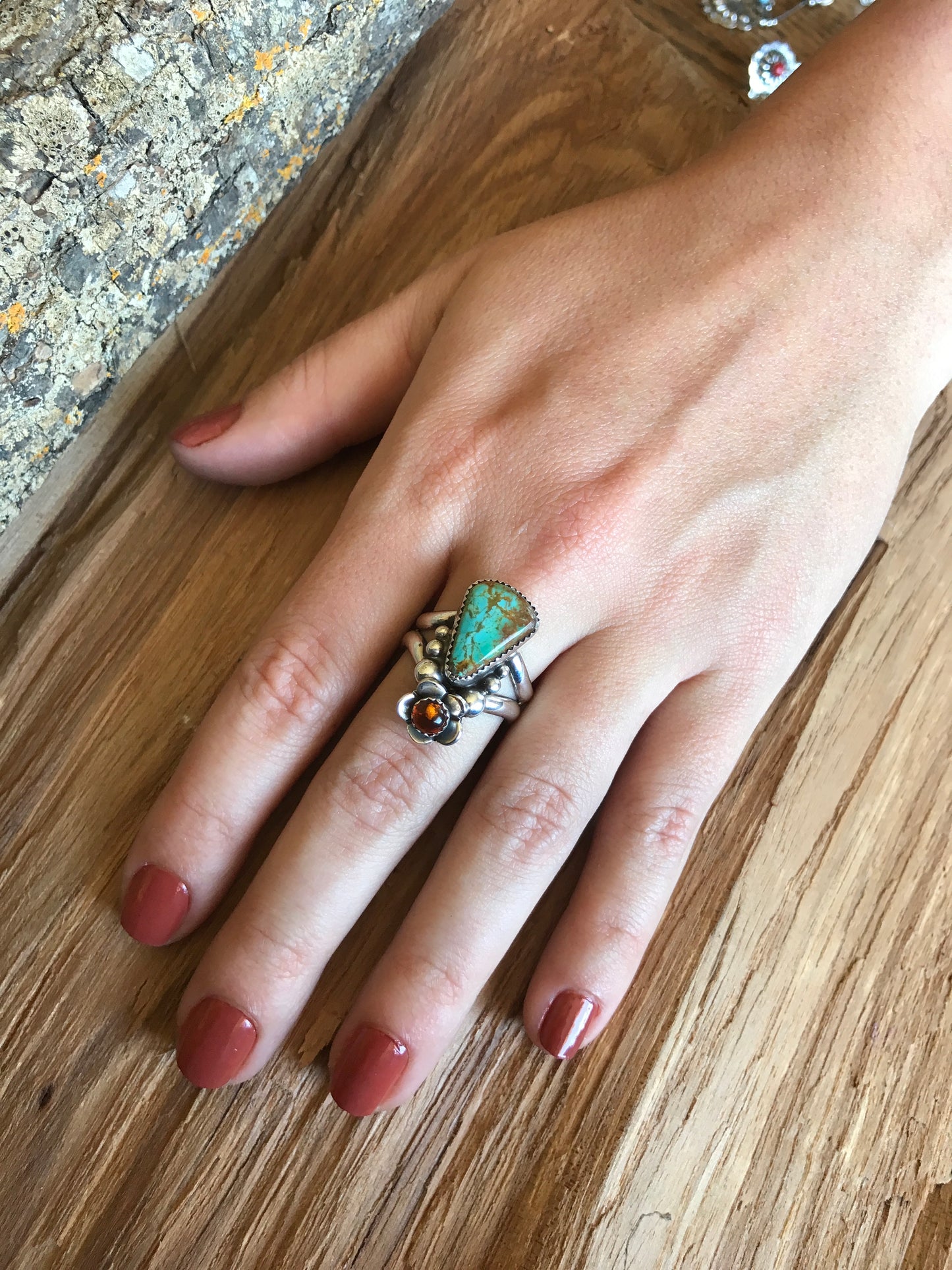 Kings Manassa Turquoise Ring with an Amber Wildflower~ Sterling Silver~ Artisan Handmade~ Size 8 1/2